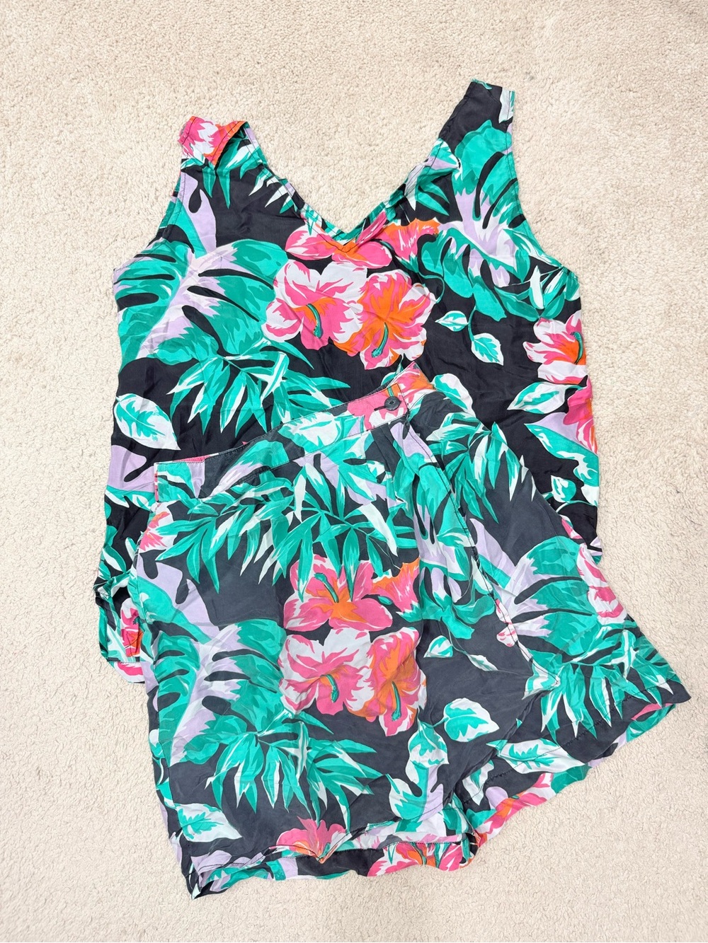 100% Silk Vintage Floral Tropical Black & Teal 2-Piece Skort Set Small